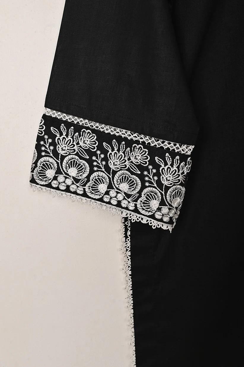 Chic Black Linen Embroidered Round Neck Shirt - 1 Pc for Stylish Women