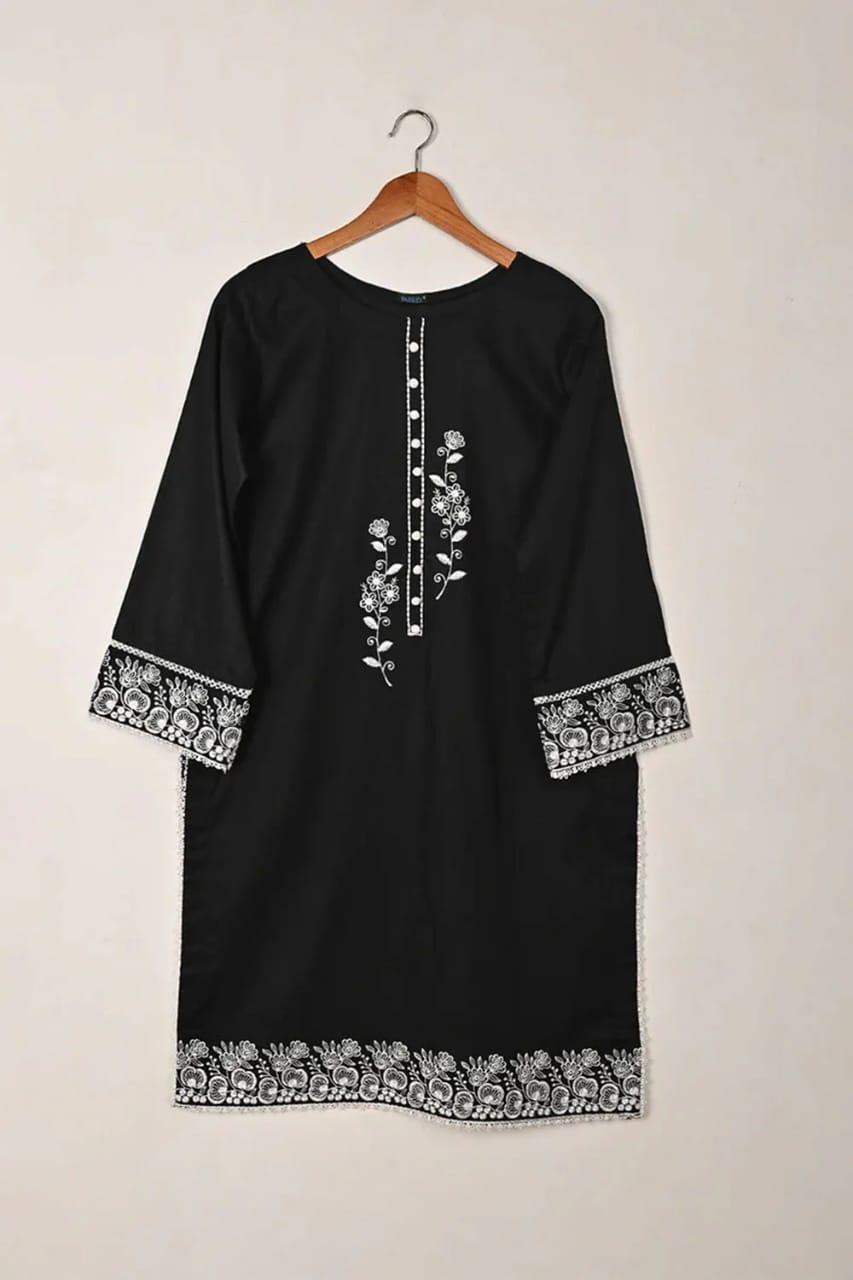Chic Black Linen Embroidered Round Neck Shirt - 1 Pc for Stylish Women