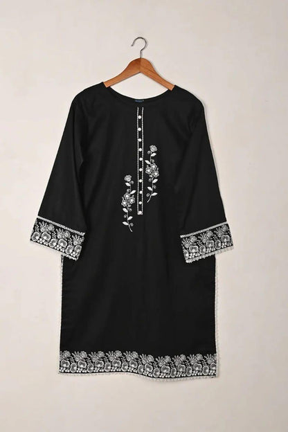 Chic Black Linen Embroidered Round Neck Shirt - 1 Pc for Stylish Women
